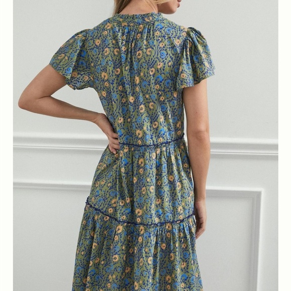Anthropologie Penrose Tiered Tunic Dress GUACAMOLE Green Blue Puff Sleeve Sz XSP - Picture 3 of 14